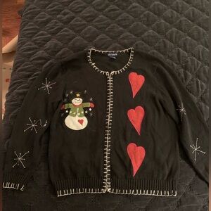 Isafia Trading Black Holiday Cardigan Sweater Red Hearts Snowman “Ugly” M